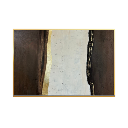 The Edges of Calm 85x125 cm original hand-painted canvas wall art panel by Skye depicting an authentic textured layout of a wide cream center field between dark brown borders highlighted by shimmering gold foil edges for luxury living room decor.