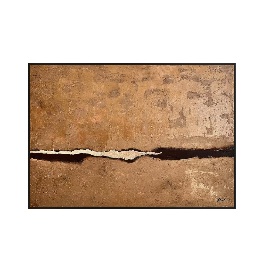 The Ember Divide 75x105 cm original hand-painted canvas wall art panel by Skye depicting an authentic textured layout of an ochre field split by a dark horizontal boundary line and light gold foil accents for luxury living room decor.