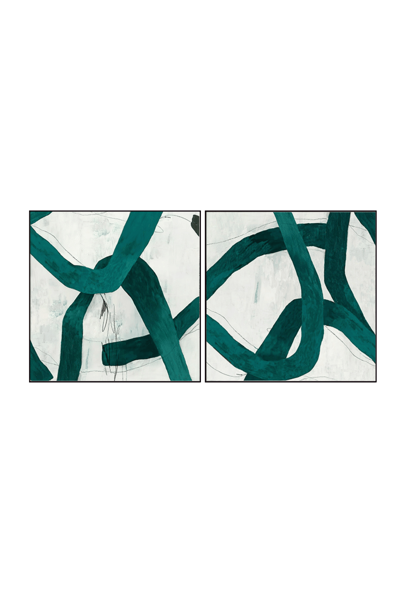 Two 80x80 cm emerald green and white abstract canvas print wall art panels depicting minimalist thick fluid ribbon loops and intertwined green paths for modern living room decor.