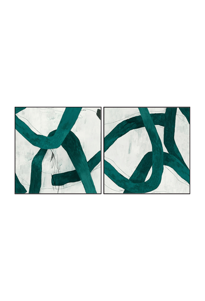 Two 80x80 cm emerald green and white abstract canvas print wall art panels depicting minimalist thick fluid ribbon loops and intertwined green paths for modern living room decor.