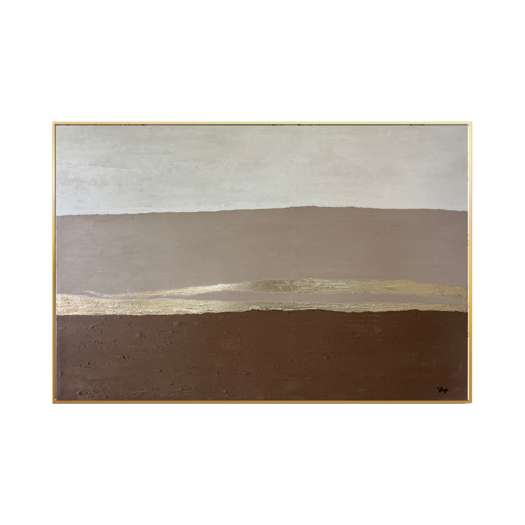 The Ethereal Horizon 75x105 cm original hand-painted canvas wall art panel by Skye depicting an authentic textured layout of tiered earth brown, taupe, and cream bands with a thin shimmering gold foil river line for luxury living room decor.