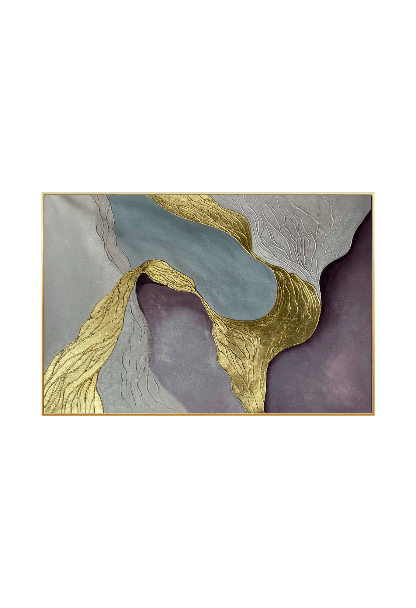 An 85x125 cm original hand-painted canvas wall art panel depicting a luxury abstract geode layout with dusty purple and teal currents bounded by textured metallic gold bands for premium living room decor.