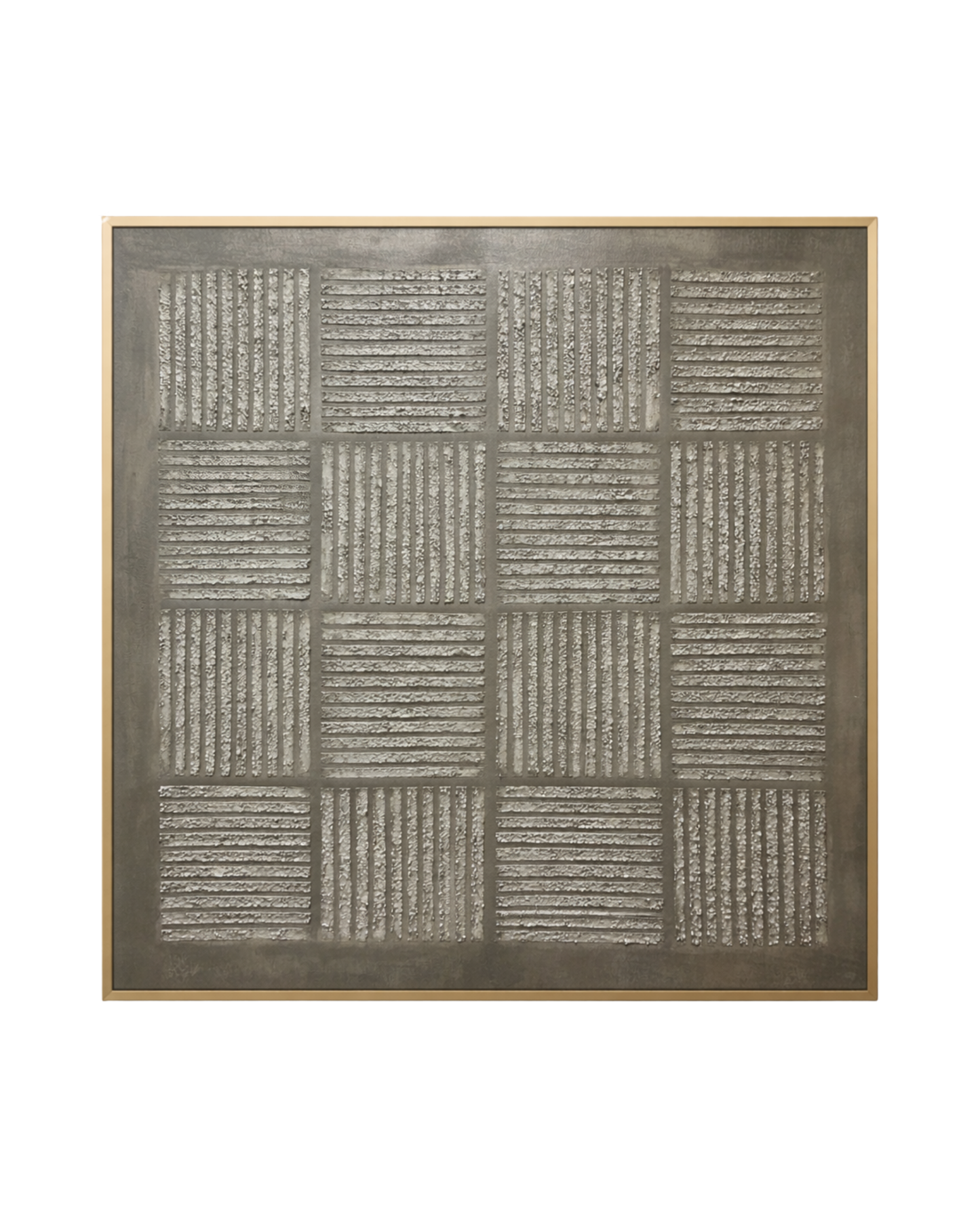 A hand-painted square canvas wall art panel depicting a structured checkerboard grid of alternating vertical and horizontal textured plaster ridges on a smooth taupe grey background for modern luxury decor.