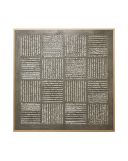 A hand-painted square canvas wall art panel depicting a structured checkerboard grid of alternating vertical and horizontal textured plaster ridges on a smooth taupe grey background for modern luxury decor.