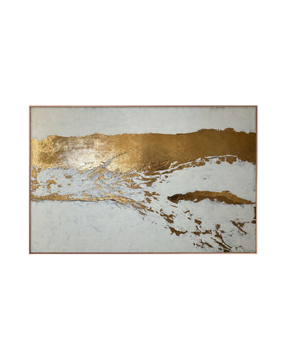 The Gilded Shoreline original hand-painted canvas wall art panel by Skye depicting an authentic textured landscape layout with a crisp plaster white base and a broad sweeping horizontal gold leaf shoreline pattern for upscale living room decor.