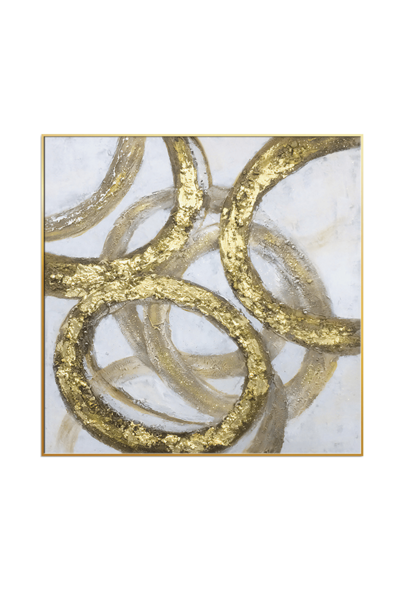 A 100x100 cm gold and beige abstract canvas print wall art panel depicting a minimalist printed design of large interlocking rings and flat yellow gold circular bands for modern living room decor.