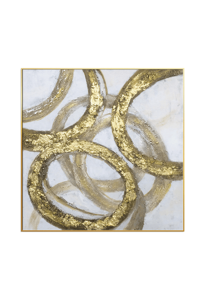 A 100x100 cm gold and beige abstract canvas print wall art panel depicting a minimalist printed design of large interlocking rings and flat yellow gold circular bands for modern living room decor.