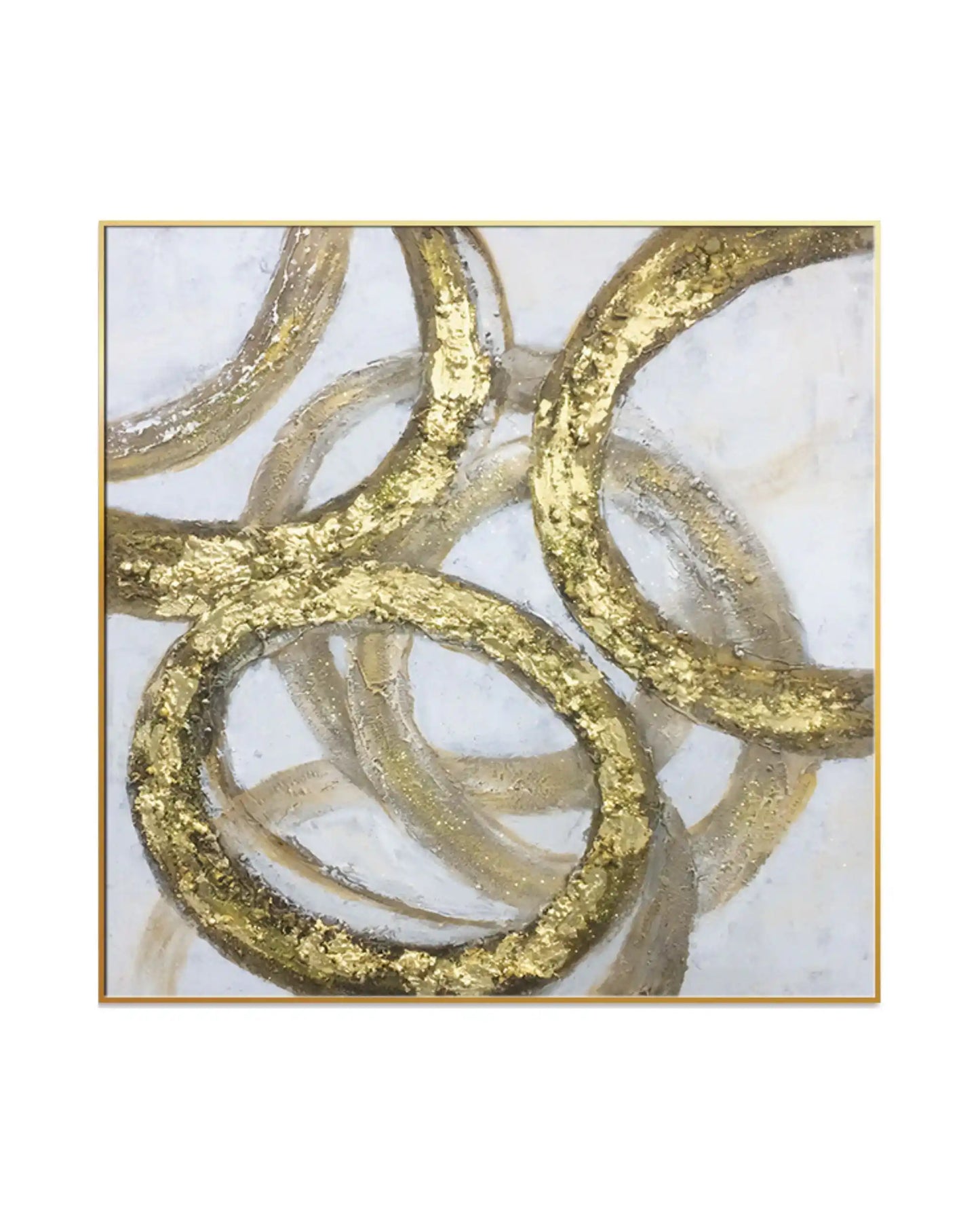 Modern square abstract wall art featuring textured metallic gold interlocking rings over a neutral white and gray background with a slim gold frame.