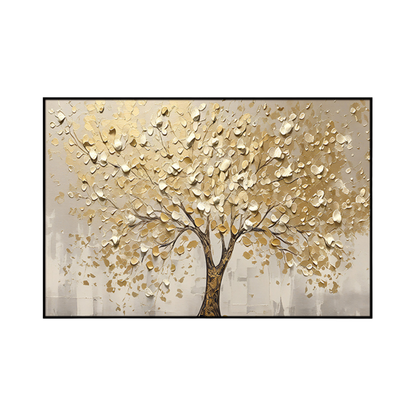 An 80x120 cm gold and beige abstract canvas print wall art panel depicting a minimalist tree with sprawling branches and golden yellow leaf motifs for modern living room decor.
