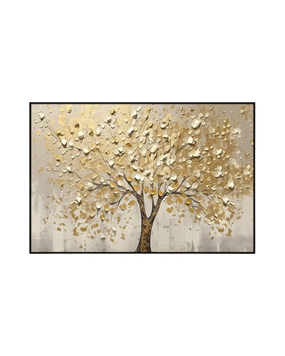 Horizontal canvas print featuring an abstract tree with cream petals and golden yellow leaves on a textured beige and grey background.