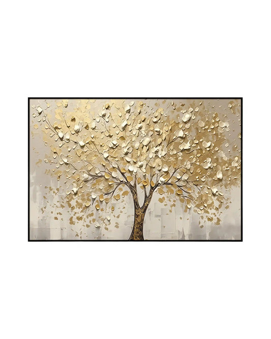 Horizontal canvas print featuring an abstract tree with cream petals and golden yellow leaves on a textured beige and grey background.