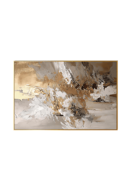 An 80x120 cm gold beige and white abstract canvas print wall art panel depicting minimalist explosive central shapes, neutral taupe horizons, and yellow gold accents for modern living room decor.
