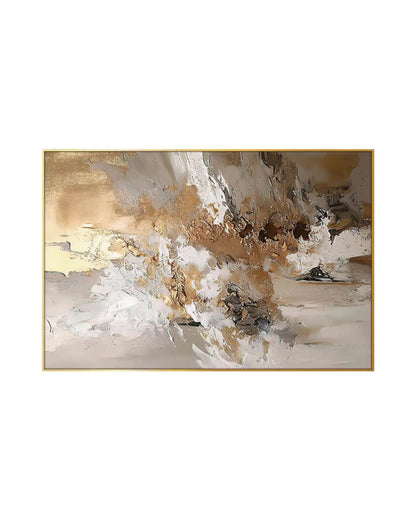 Horizontal canvas print featuring a dynamic abstract design with heavy, textured impasto brushstrokes of white, warm beige, and ochre gold-colored paint.