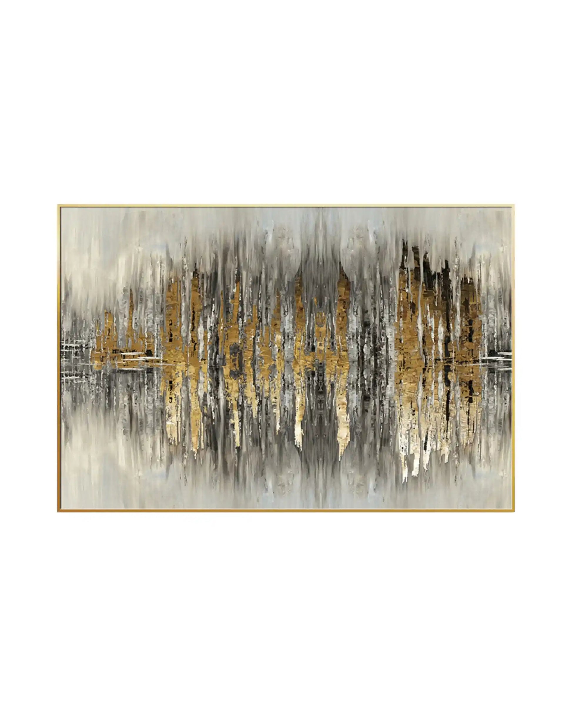 Horizontal canvas print featuring an abstract design with vertical distressed brushstrokes of black, grey, and white forming a mirrored skyline effect with gold-colored textured peaks and water reflections.