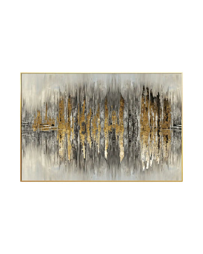 Horizontal canvas print featuring an abstract design with vertical distressed brushstrokes of black, grey, and white forming a mirrored skyline effect with gold-colored textured peaks and water reflections.