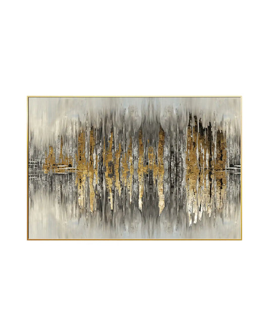 Horizontal canvas print featuring an abstract design with vertical distressed brushstrokes of black, grey, and white forming a mirrored skyline effect with gold-colored textured peaks and water reflections.