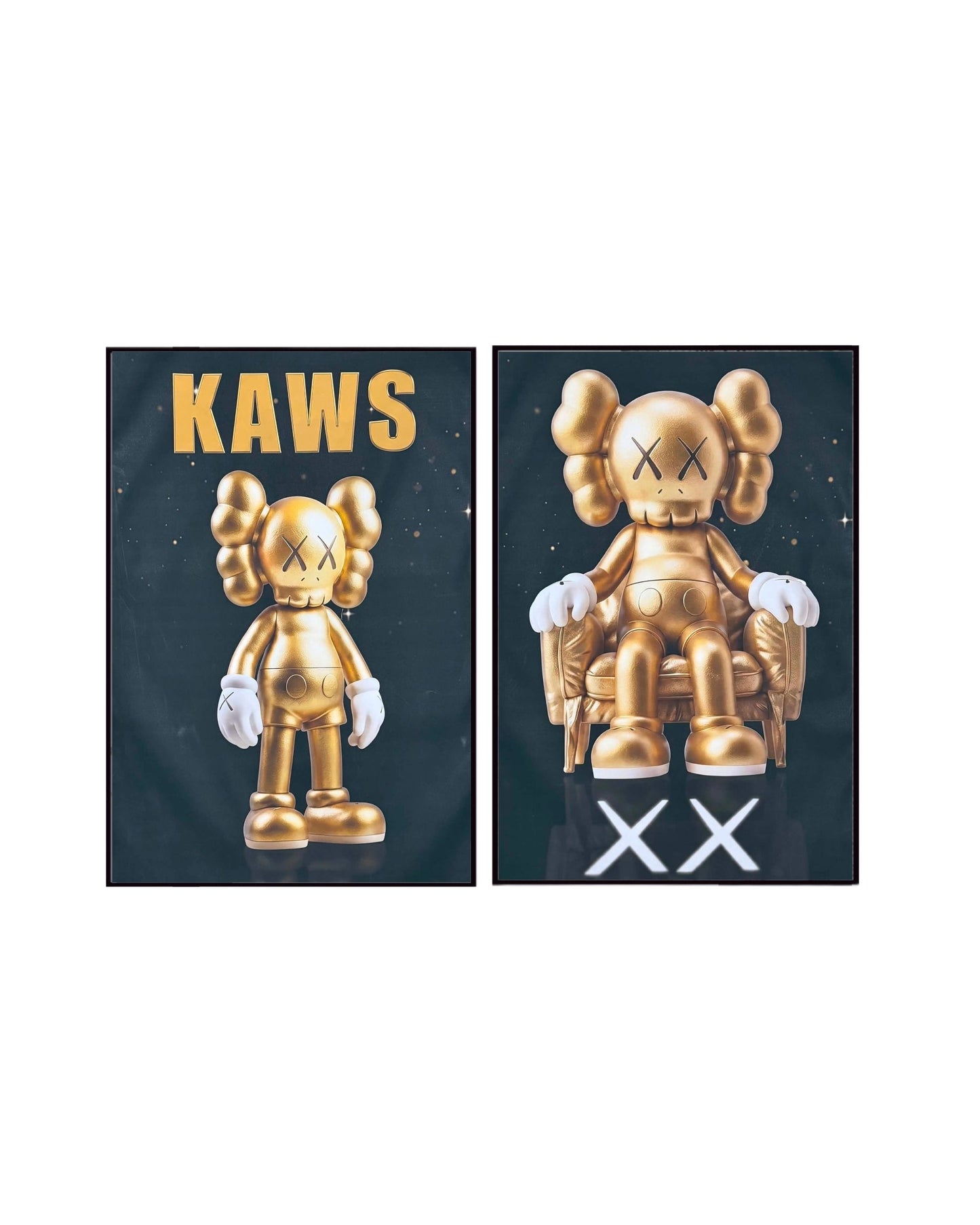 Set of two art pieces featuring a standing and a seated gold KAWS companion figure against a black starry background