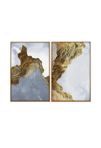 Two 70x100 cm gold and grey abstract canvas print wall art panels depicting minimalist flowing topographic wave lines and metallic gold structures for modern living room decor.