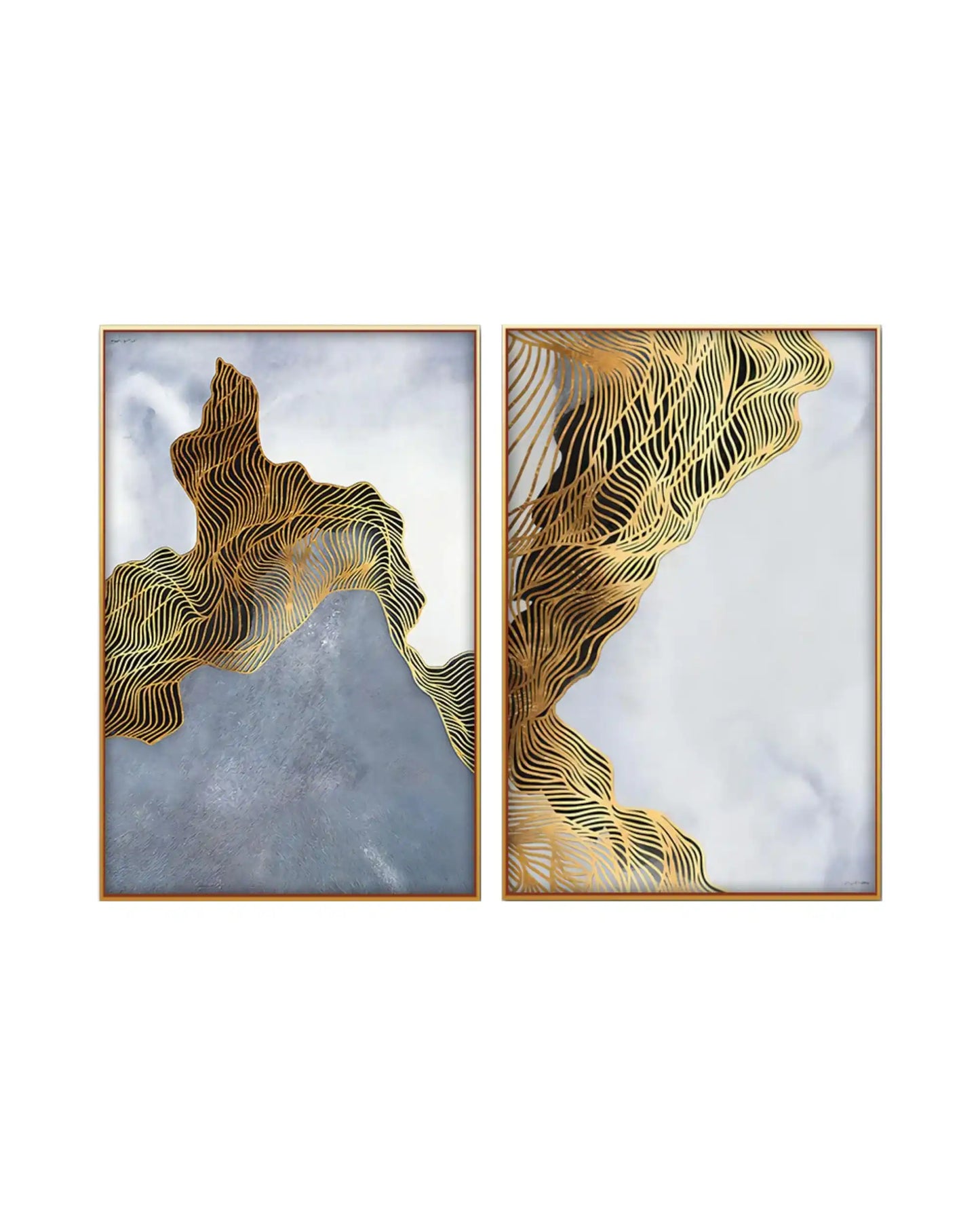 Two-piece diptych canvas prints featuring a modern abstract design with flowing, wave-like layers of gold-colored fine lines set against a cloudy white, soft grey, and blue textured background.