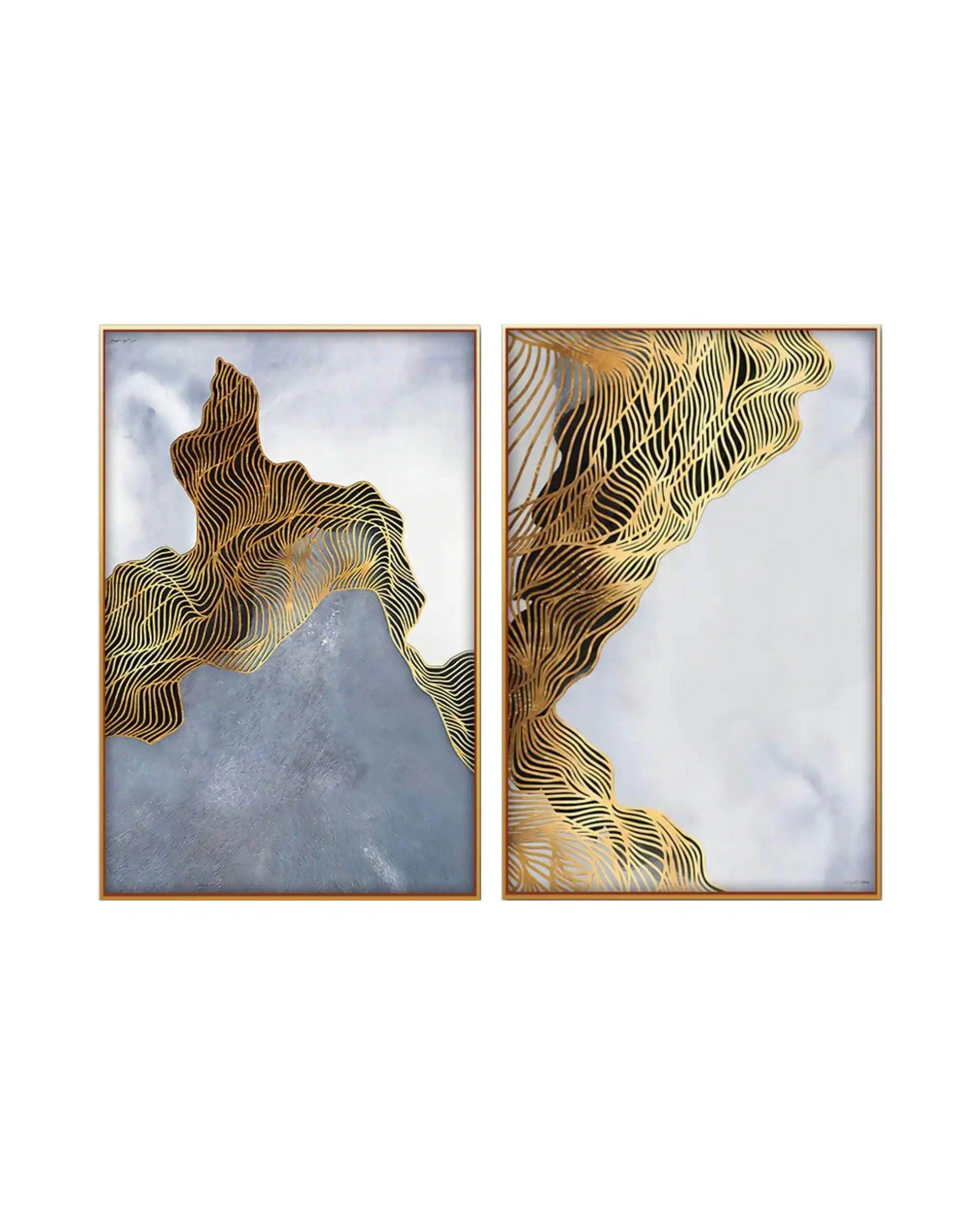 Two-piece diptych canvas prints featuring a modern abstract design with flowing, wave-like layers of gold-colored fine lines set against a cloudy white, soft grey, and blue textured background.