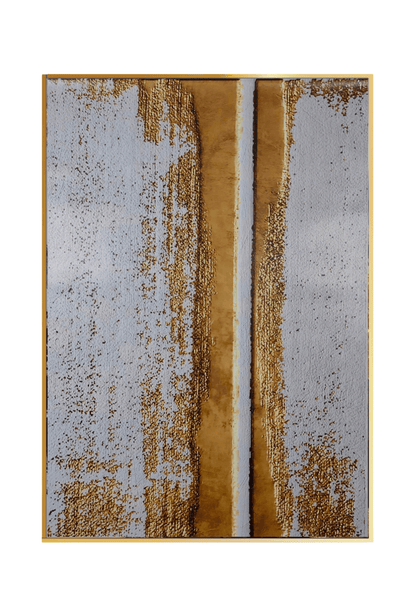 An 80x120 cm gold and grey abstract canvas print wall art panel depicting a minimalist printed design of distressed vertical grey textures flanked by a bold central yellow gold split path for modern living room decor.