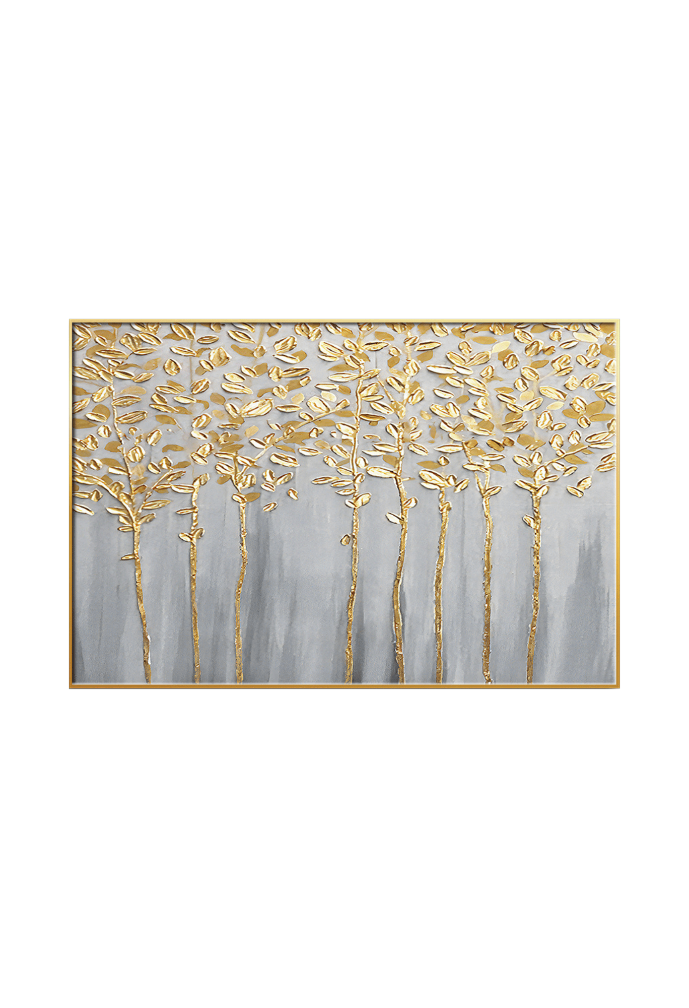 An 80x120 cm gold and grey abstract canvas print wall art panel depicting minimalist vertical tree trunks with yellow gold leaf canopies over a soft grey background for modern living room decor.