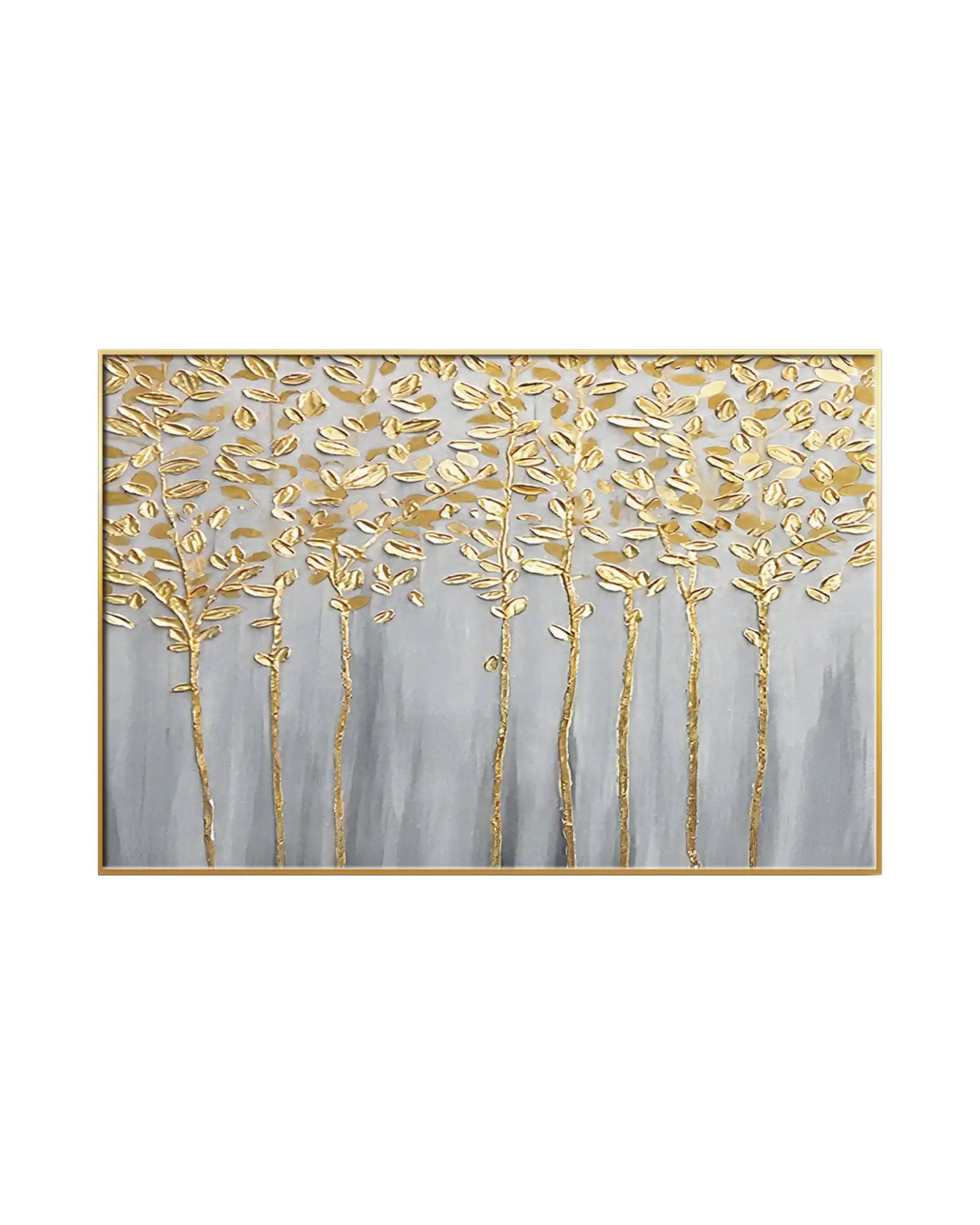 Horizontal canvas print featuring an abstract design of thin vertical tree trunks with gold-colored leaves over a soft textured grey background.