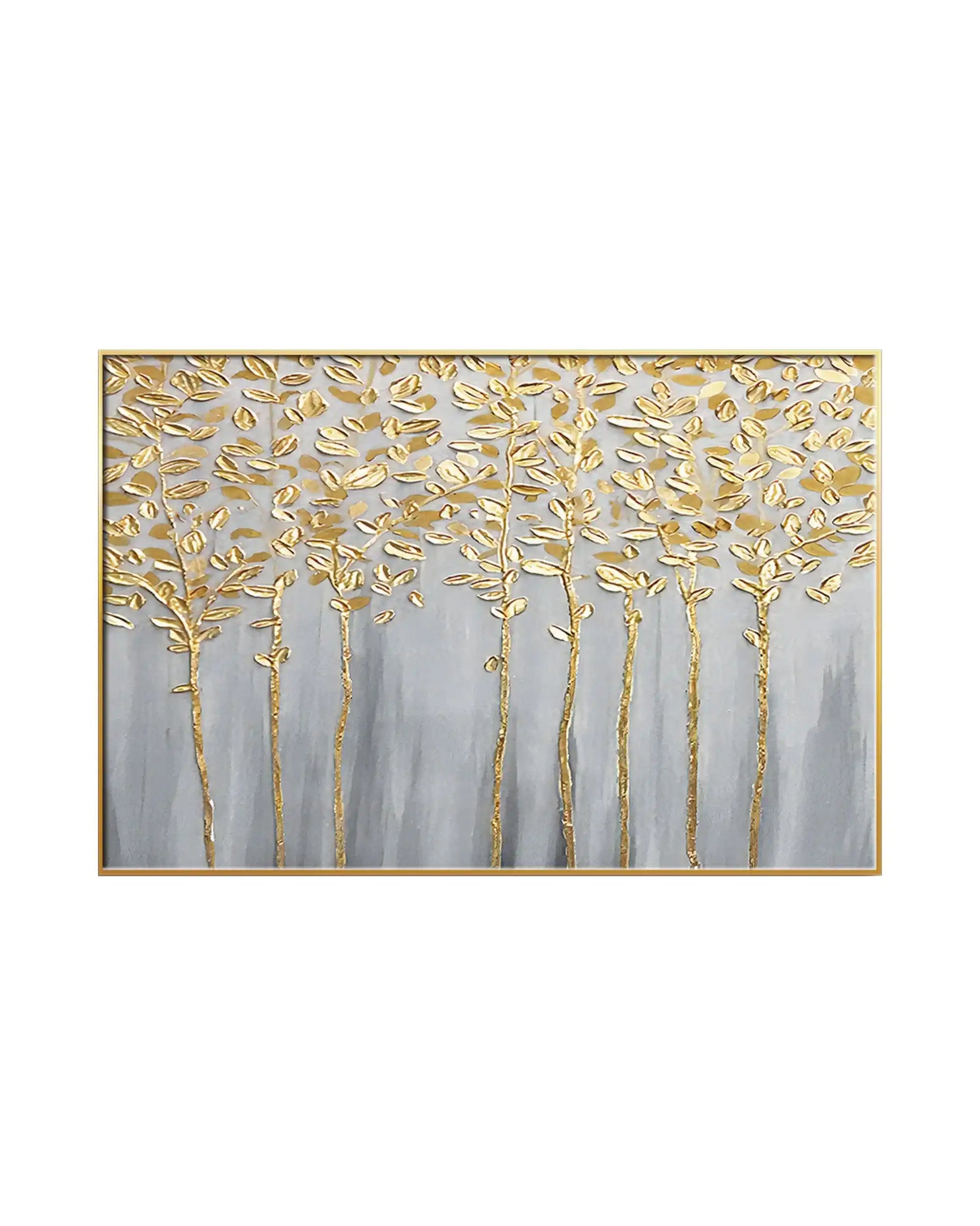 Horizontal canvas print featuring an abstract design of thin vertical tree trunks with gold-colored leaves over a soft textured grey background.