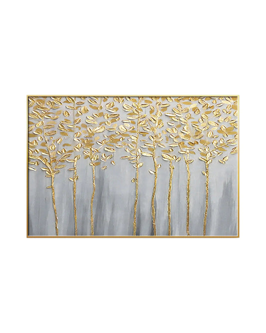 Horizontal canvas print featuring an abstract design of thin vertical tree trunks with gold-colored leaves over a soft textured grey background.