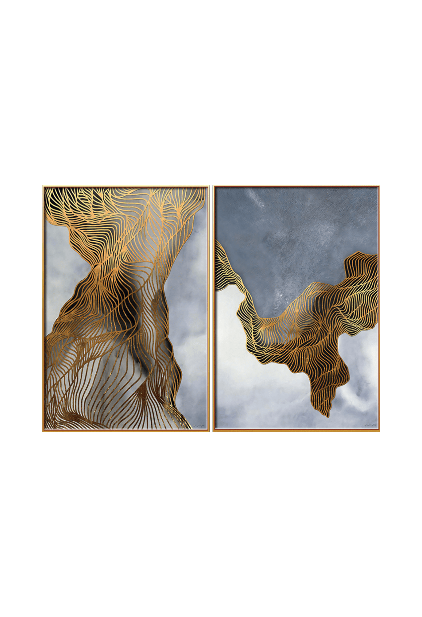 Two 60x90 cm gold and grey abstract canvas print wall art panels depicting minimalist dense topographic lines, golden ribbon wave structures, and smoky grey gradients for modern living room decor.