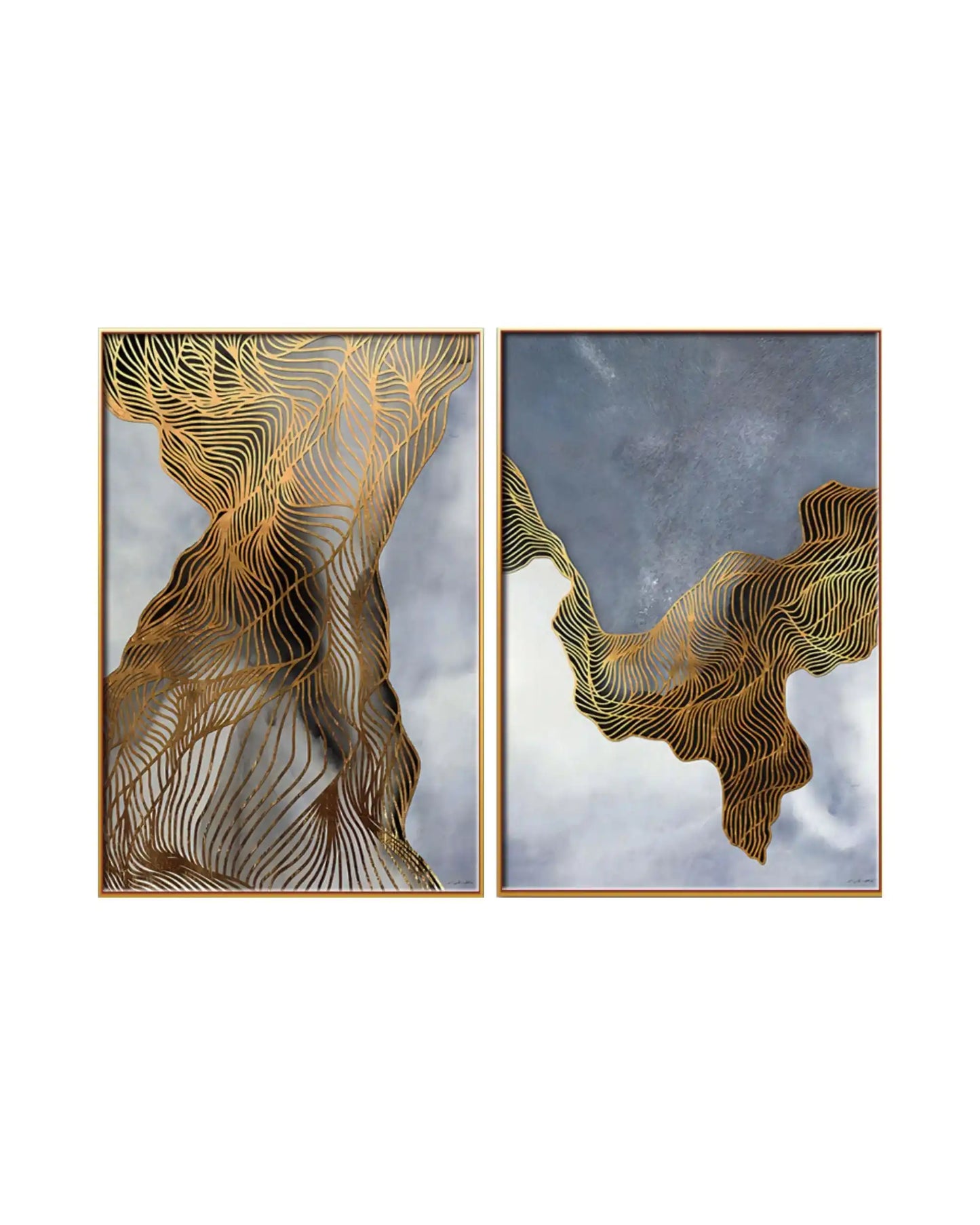 An abstract diptych wall art set featuring a moody, textured background of stormy slate gray, misty lavender-toned clouds, and deep charcoal. Strung across both canvases are prominent, undulating ribbon-like formations filled with intricate, parallel metallic gold contour lines that ripple like geological strata, waves, or abstract ripples. The two vertical panels are finished with matching slim gold frames.