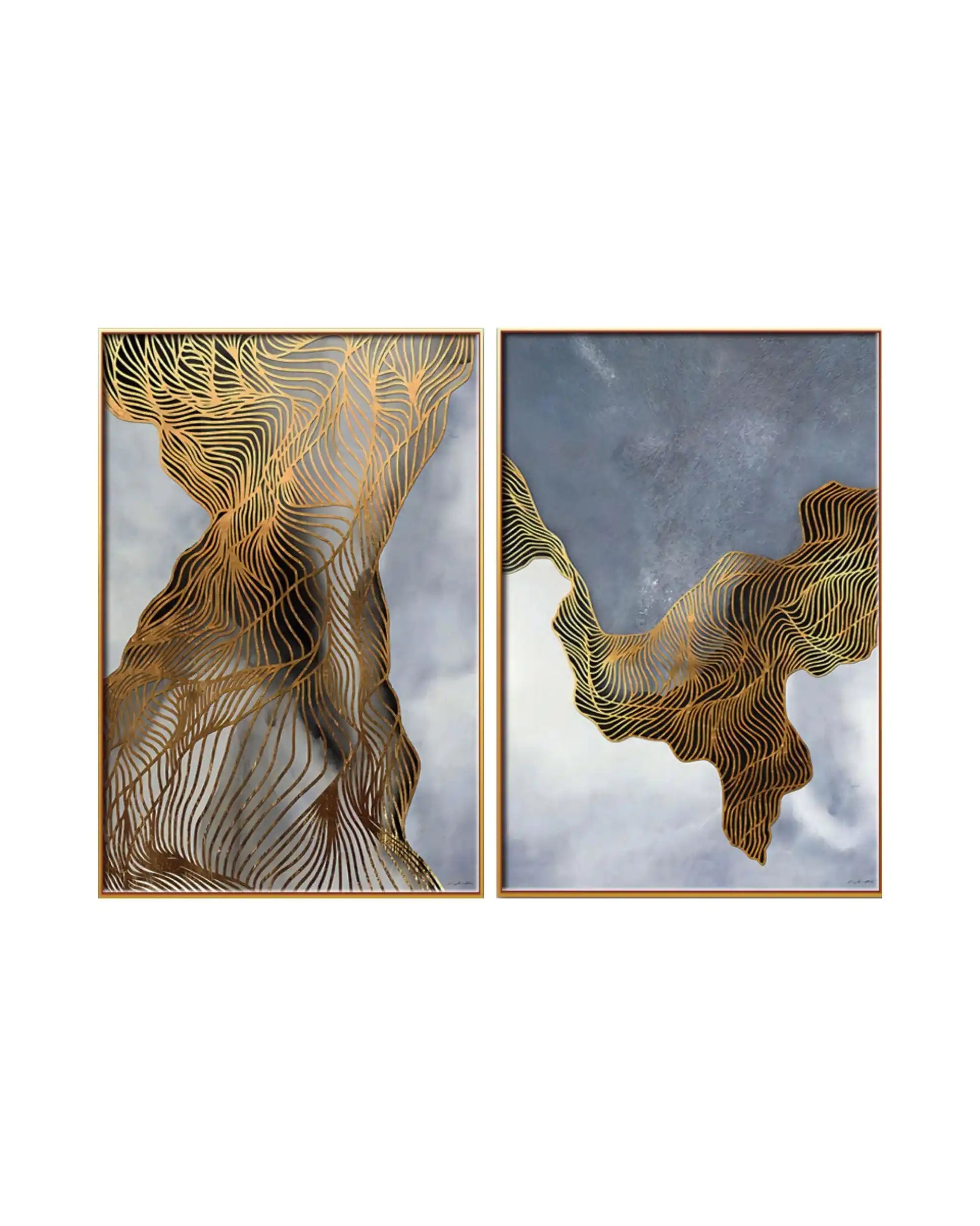 An abstract diptych wall art set featuring a moody, textured background of stormy slate gray, misty lavender-toned clouds, and deep charcoal. Strung across both canvases are prominent, undulating ribbon-like formations filled with intricate, parallel metallic gold contour lines that ripple like geological strata, waves, or abstract ripples. The two vertical panels are finished with matching slim gold frames.