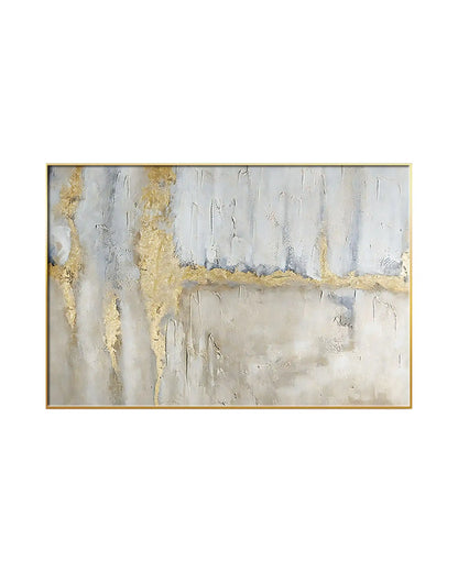 Horizontal canvas print featuring a neutral abstract design with a printed heavy paint stroke texture in shades of cream, beige, and soft blue, highlighted by gold-colored accents.