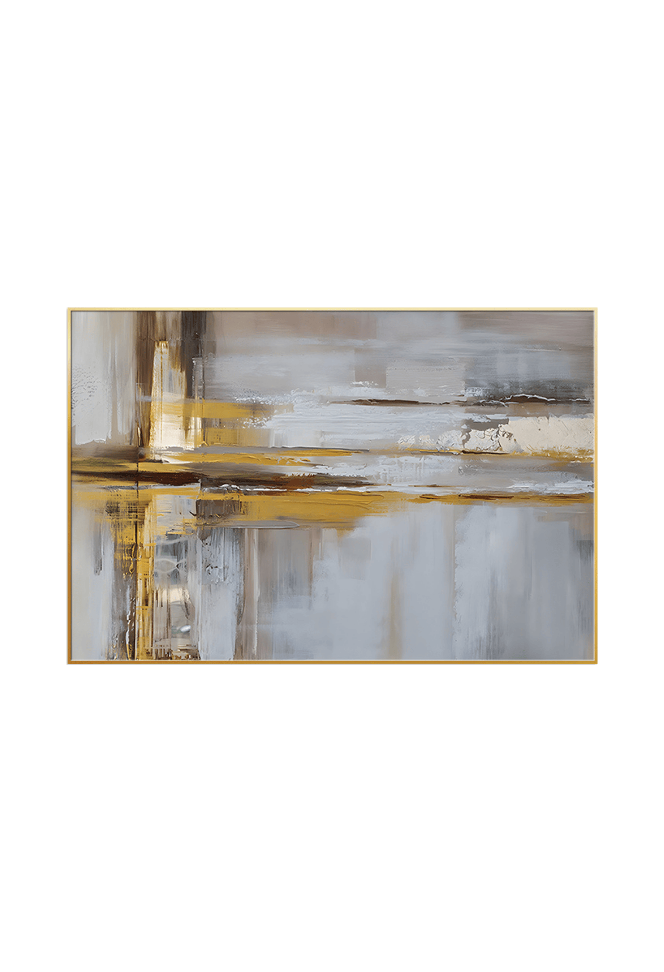 An 80x120 cm gold grey and brown abstract canvas print wall art panel depicting a minimalist geometric intersection of vertical grey bands, deep brown lines, and flat yellow gold accent paths for modern living room decor.