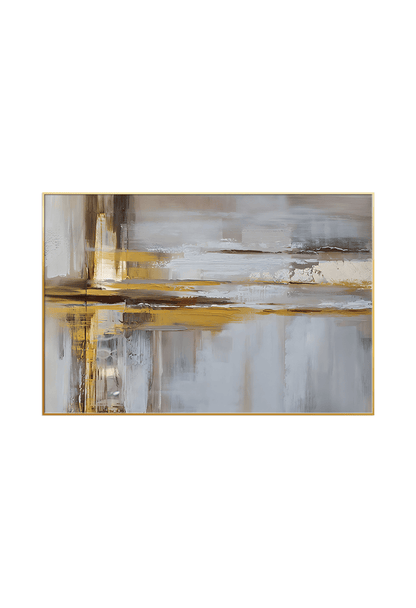 An 80x120 cm gold grey and brown abstract canvas print wall art panel depicting a minimalist geometric intersection of vertical grey bands, deep brown lines, and flat yellow gold accent paths for modern living room decor.