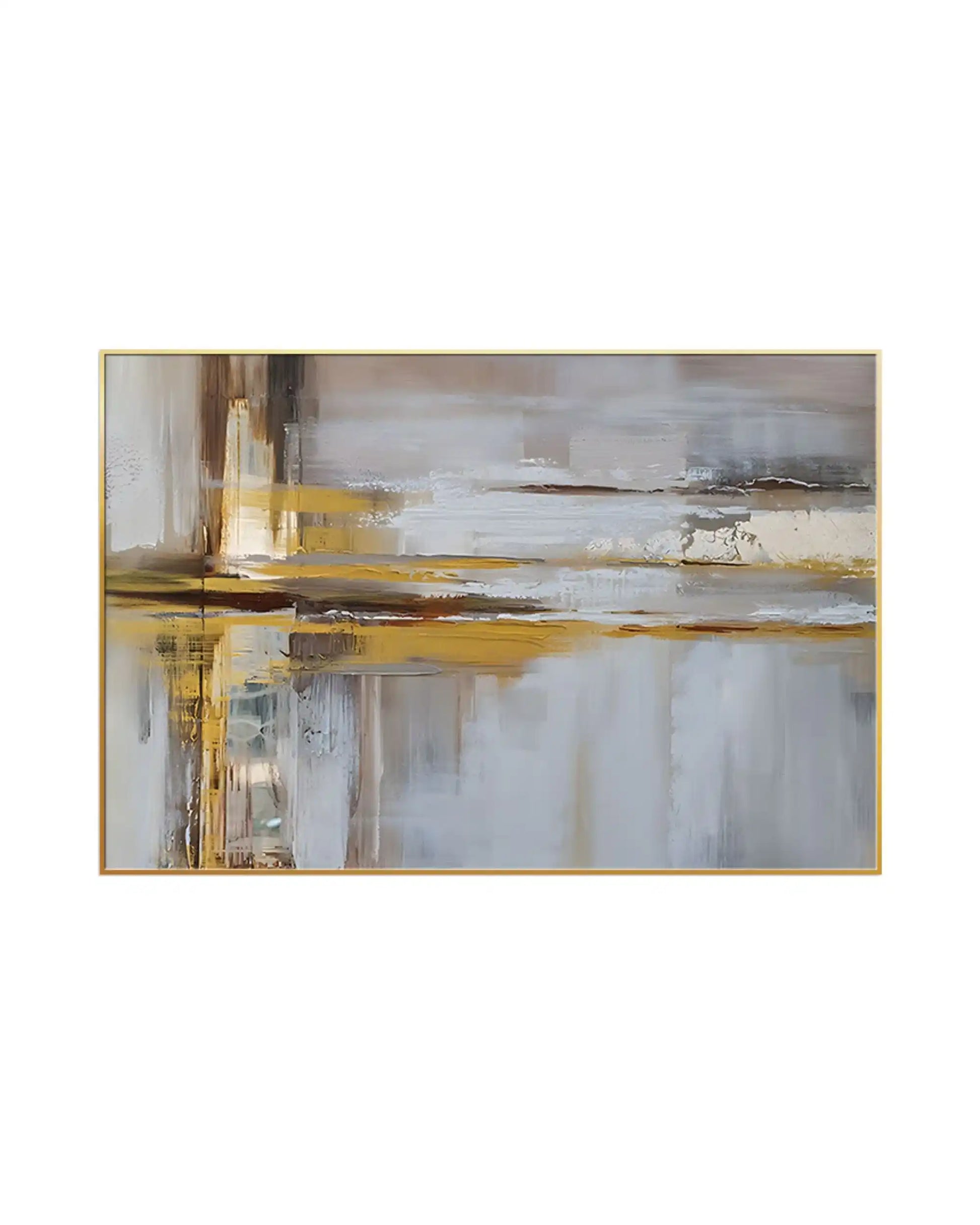 Horizontal canvas print featuring an abstract linear design with blended brushstrokes of slate grey, taupe beige, and white, contrasted by horizontal bands of gold-colored and deep brown paint.