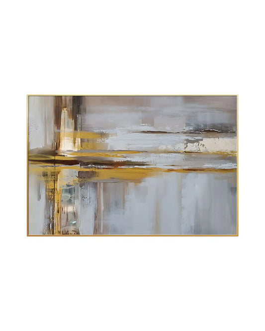 Horizontal canvas print featuring an abstract linear design with blended brushstrokes of slate grey, taupe beige, and white, contrasted by horizontal bands of gold-colored and deep brown paint.