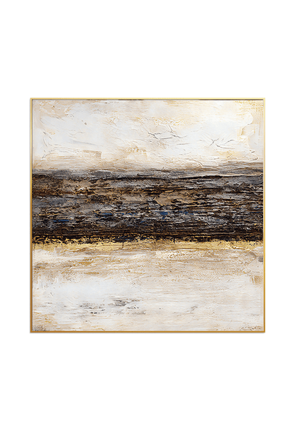 A 100x100 cm gold grey and white abstract canvas print wall art panel depicting a minimalist printed design of horizontal charcoal streaks, soft white fields, and flat yellow gold highlights for modern living room decor.