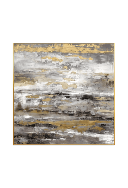 A 100x100 cm gold grey and white abstract canvas print wall art panel depicting a minimalist printed design of horizontal charcoal streaks, soft white fields, and flat yellow gold highlights for modern living room decor.