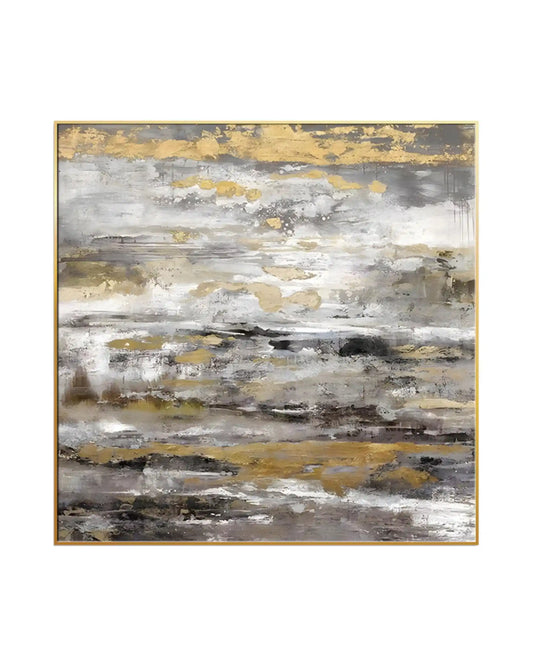Large square grey and gold abstract canvas painting with heavy texture and metallic gold leaf accents in a thin gold frame.