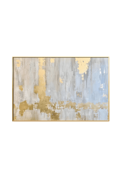 An 80x120 cm gold grey and white abstract canvas print wall art panel depicting minimalist vertical grey paint streaks, white washes, and flat yellow gold patches for modern living room decor.