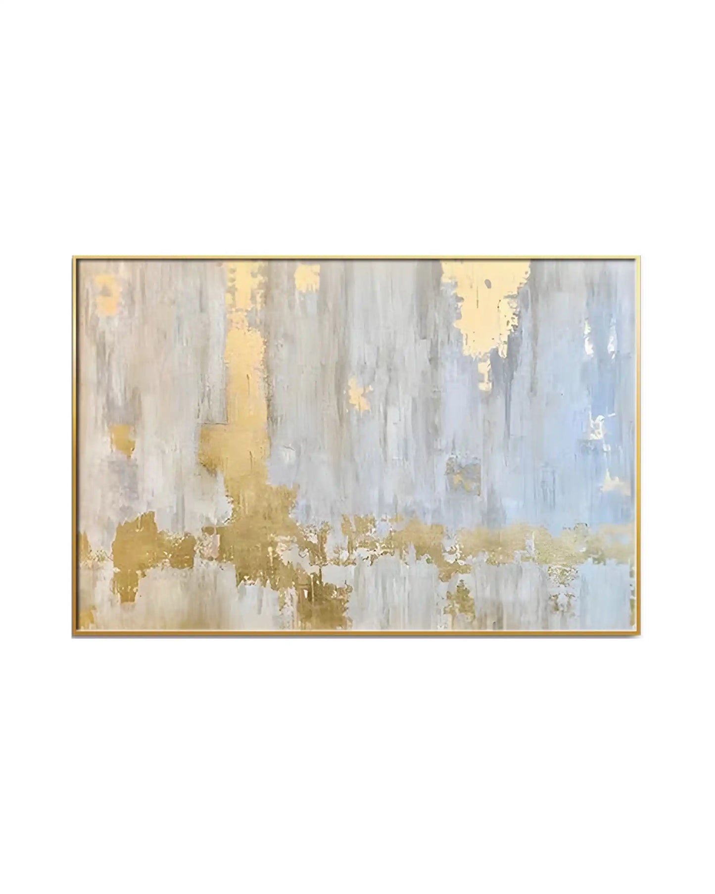 Horizontal canvas print featuring an abstract minimalist design with vertical distressed brushstrokes of light grey, soft blue, cream, and gold-colored patches.