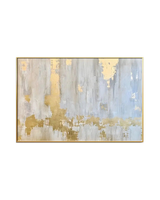 Horizontal canvas print featuring an abstract minimalist design with vertical distressed brushstrokes of light grey, soft blue, cream, and gold-colored patches.