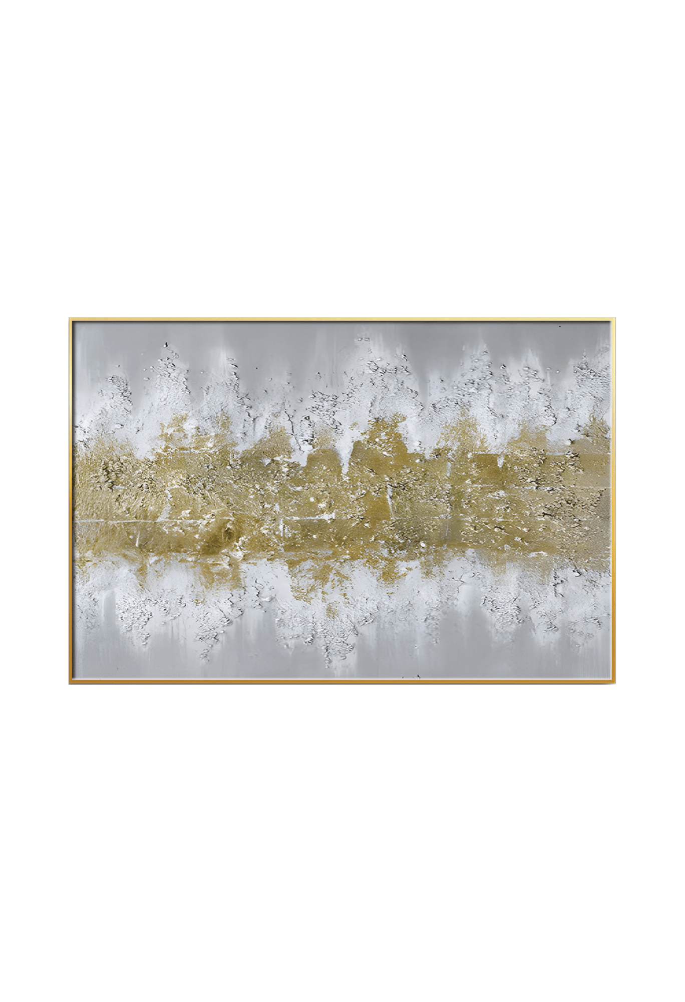 An 80x120 cm gold grey and white abstract canvas print wall art panel depicting a minimalist thick central horizontal band of flat yellow gold textures dissolving into a grey and white backdrop for modern living room decor.