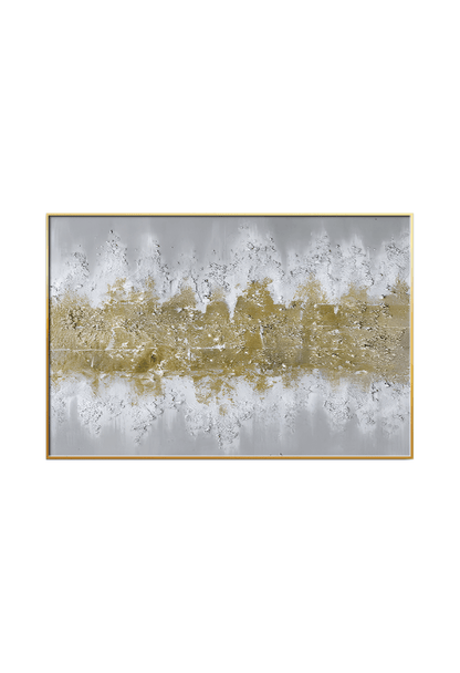 An 80x120 cm gold grey and white abstract canvas print wall art panel depicting a minimalist thick central horizontal band of flat yellow gold textures dissolving into a grey and white backdrop for modern living room decor.