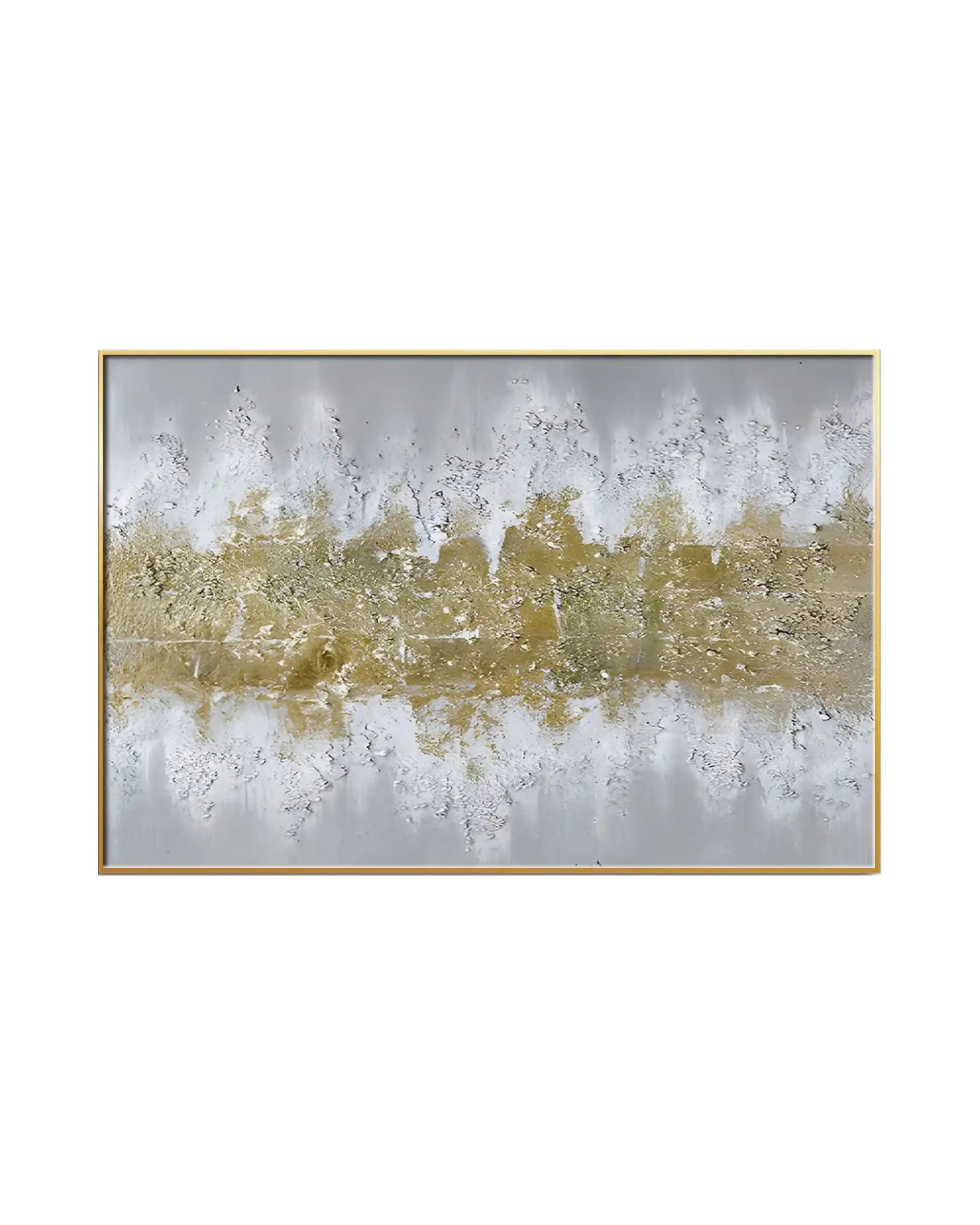 Horizontal canvas print featuring an abstract design with a central band of gold-colored textures flanked by heavily distressed white and grey printed paint effects.
