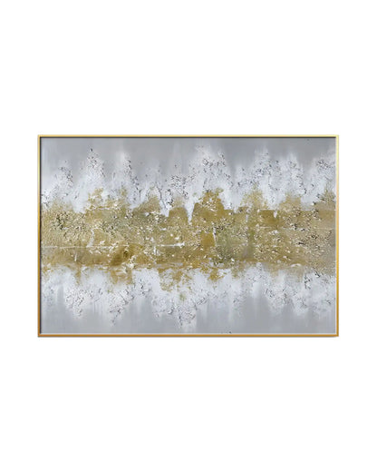 Horizontal canvas print featuring an abstract design with a central band of gold-colored textures flanked by heavily distressed white and grey printed paint effects.