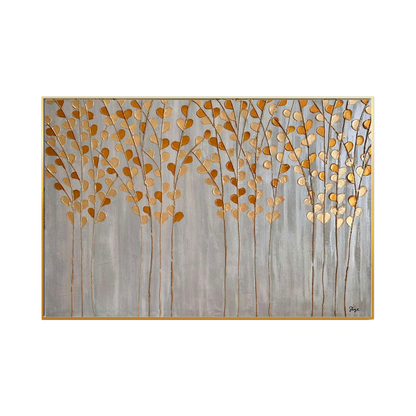 The Golden Canopy 75x105 cm original hand-painted canvas wall art panel by Skye depicting an authentic textured landscape layout with slender grey tree trunks and an arched canopy of metallic gold paint leaves for luxury living room decor.