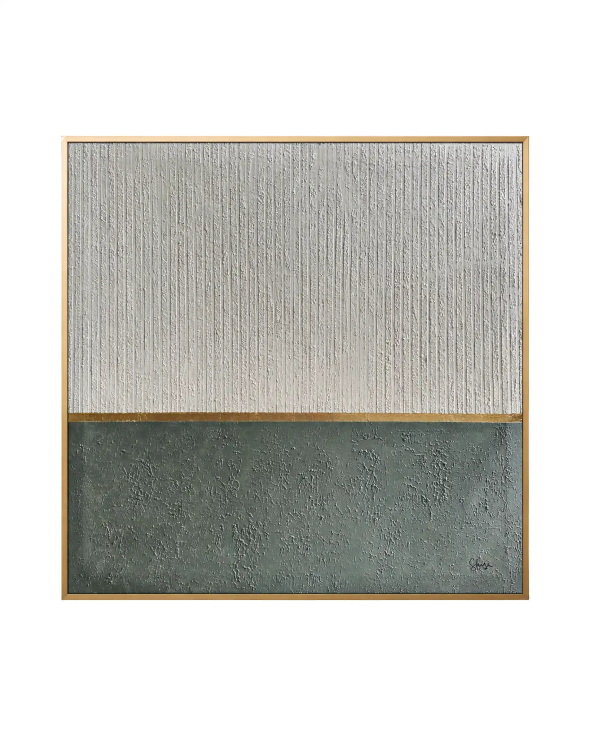 The Golden Divide original hand-painted canvas wall art panel by Skye depicting an authentic textured landscape layout with a rough green base, a vertically ridged white upper field, and a thin gold foil horizon line for upscale living room decor.