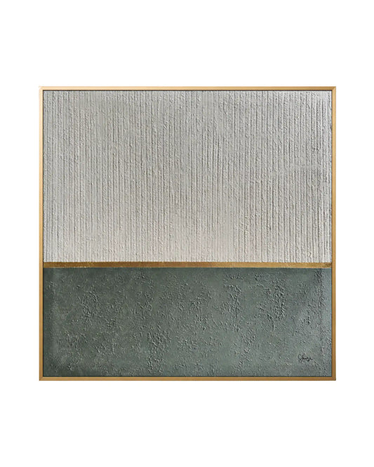 The Golden Divide original hand-painted canvas wall art panel by Skye depicting an authentic textured landscape layout with a rough green base, a vertically ridged white upper field, and a thin gold foil horizon line for upscale living room decor.